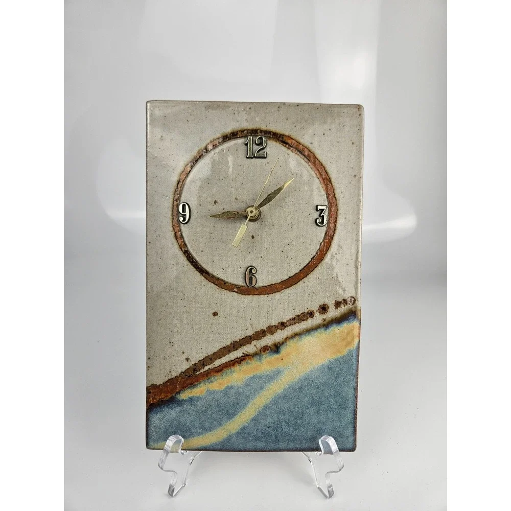 Signed Lauer Studio Pottery Wall Clock Ceramic Slab Art Clock‎ TESTED